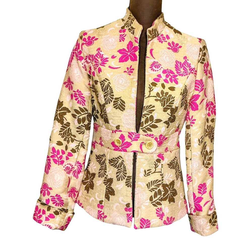 Liquid Woman Jacket Size 8 Tan Pink Flowers Long Sleeveless Lined